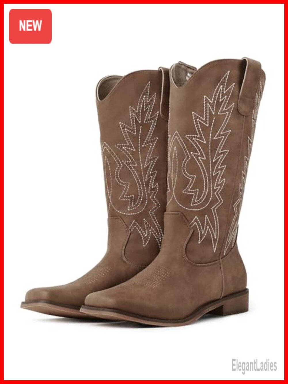 Faux Leather Western Cowboy Boots Mid Calf Square Toe Chunky Heel Women